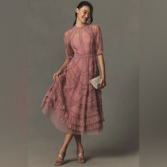 MAC DUGGAL 8058 Pink High Neck Micro Ruffle Tiered Midi Dress - Picture 2 of 16